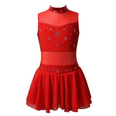 iiniim Girls Sleeveless Metallic Tulle Splice Rhinestone Figure Ice Skating Dress Gymnastic Leotard with Skirt Costume Red 6