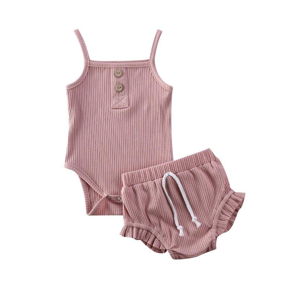 Infant Baby Girls Summer Outfits Knit Halter Romper Ruffle Drawstring Shorts Cotton 2Pcs Clothes Pants Sets (Pink, 12-18 Months)