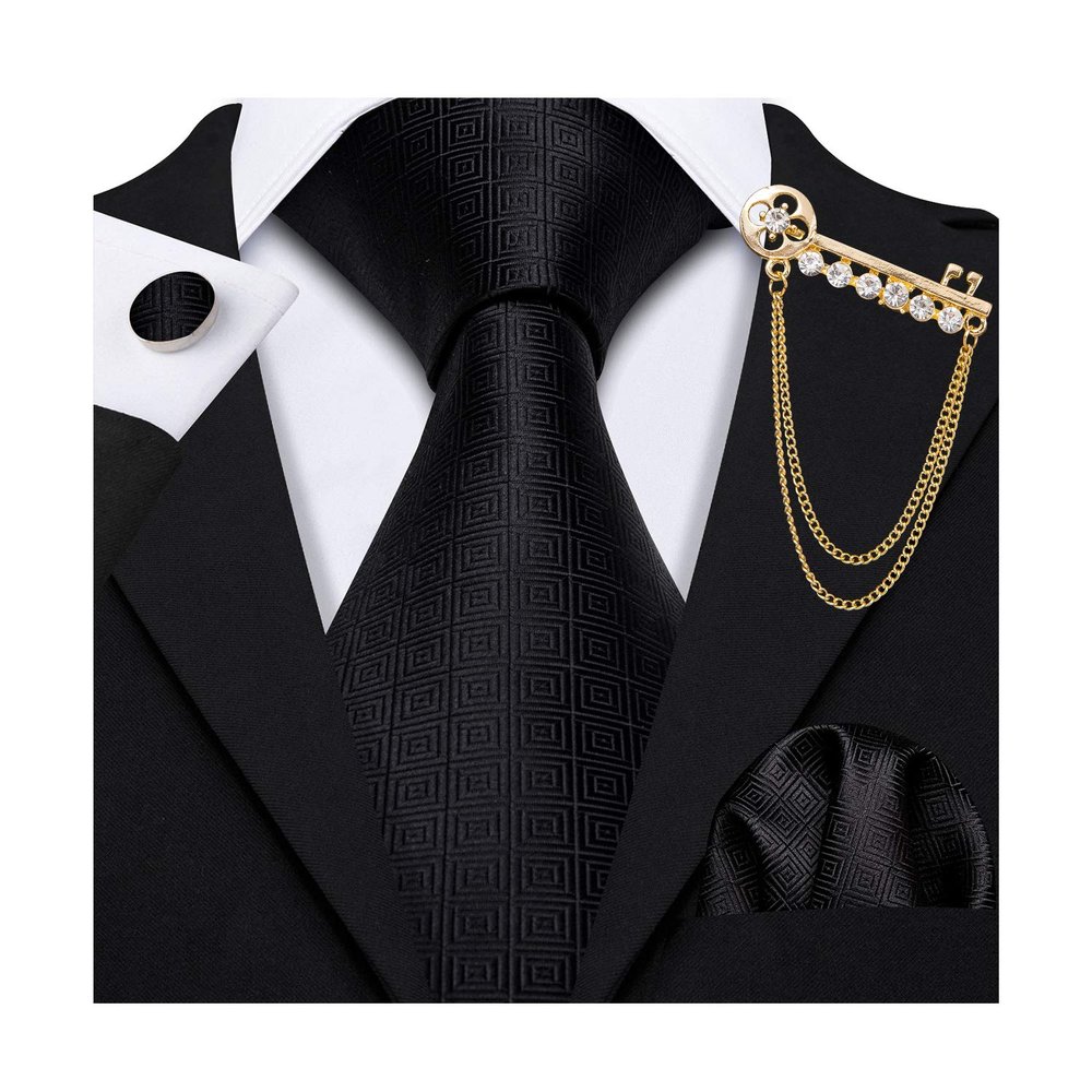 Barry.Wang Designer Classic Ties for Men Set Formal Pocket Square Cufflink Check Plaid