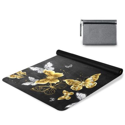 AGONA Gold White Butterflies Black Yoga Mat Thick Non Slip Exercise Mat Portable Travel Yoga Mat Folding Fitness Workout Mat for Yoga Pilates Home Floor Exercises Children Playtime