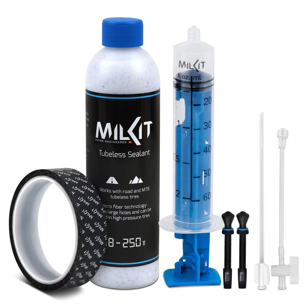 milKit Tubeless Tire Conversion Kit - Bike Tubeless Setup Kit - Sealant Bottle - Sealant Injector - Rim Tape - Valves Pack - Presta Valve Core Removal Tool (45-21)
