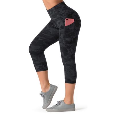 Dragon Fit High Waist Yoga Leggings with 3 Pockets,Tummy Control Workout Running 4 Way Stretch Yoga Pants (Medium, Capri29-Black&Grey Camo)