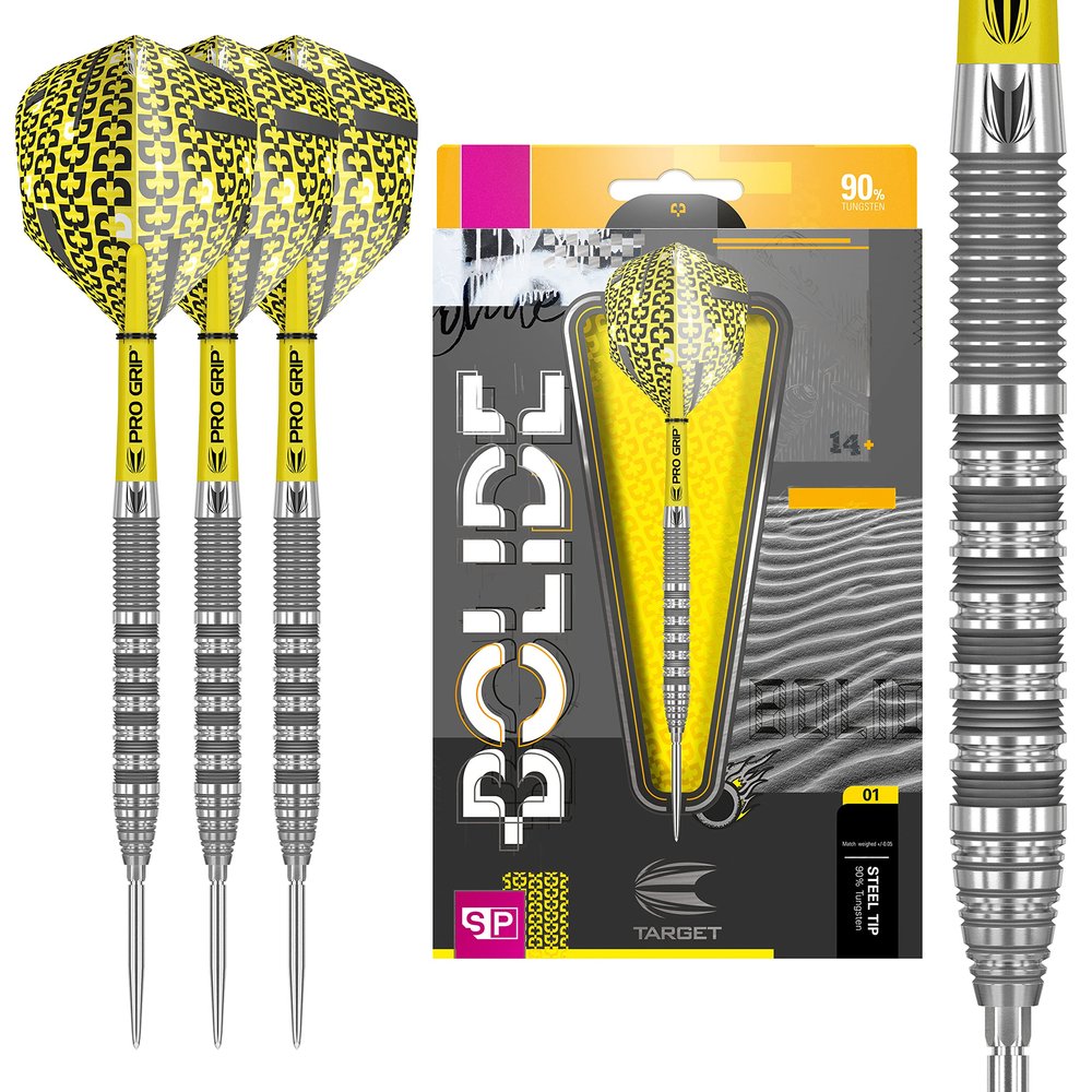 Target Darts Bolide 90% Tungsten Swiss Point Steel Tip Darts Set of 3, Barrel 01, 25 Grams | Featuring Pro Grip Dart Stems, Number 6 Dart Flights, Swiss Points | Professional Darts