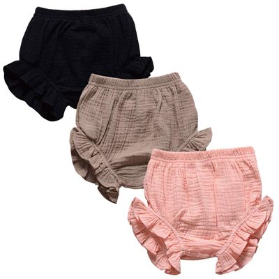 3PC Shorts Set Newborn Baby Girls Boys PP Pants Cotton Linen Blend Cute Floral Bloomers Triangle Shorts (B Black+Pink+Khaki, 0-6 Months)