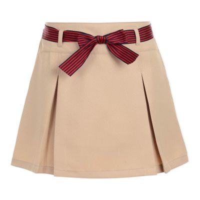 Nautica Girl's School Uniform Pleated Pull-on Scooter Skirt With Undershorts, Knit Waistband, Khaki/Striped Belt, 18 Plus