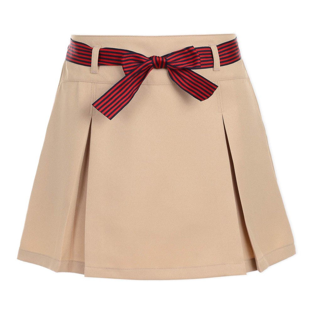 Nautica Girl's School Uniform Pleated Pull-on Scooter Skirt With Undershorts, Knit Waistband, Khaki/Striped Belt, 18 Plus