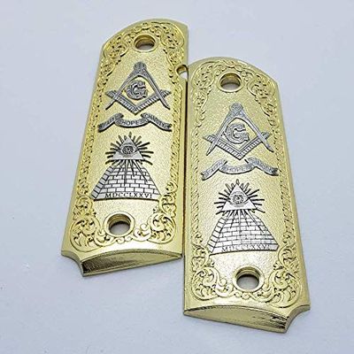 New Masonic 1911 Custom Grips Full Size Ambi Cut Gold Nickel Metal