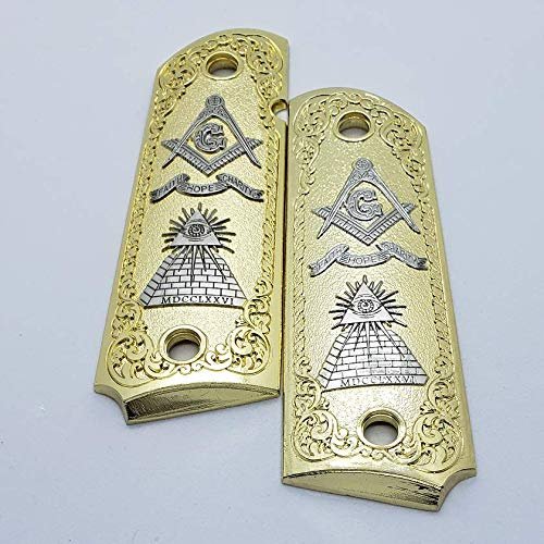 New Masonic 1911 Custom Grips Full Size Ambi Cut Gold Nickel Metal