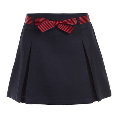 Nautica Girl's School Uniform Pleated Pull-on Scooter Skirt With Undershorts, Knit Waistband, Navy/Striped Belt, 14 Plus
