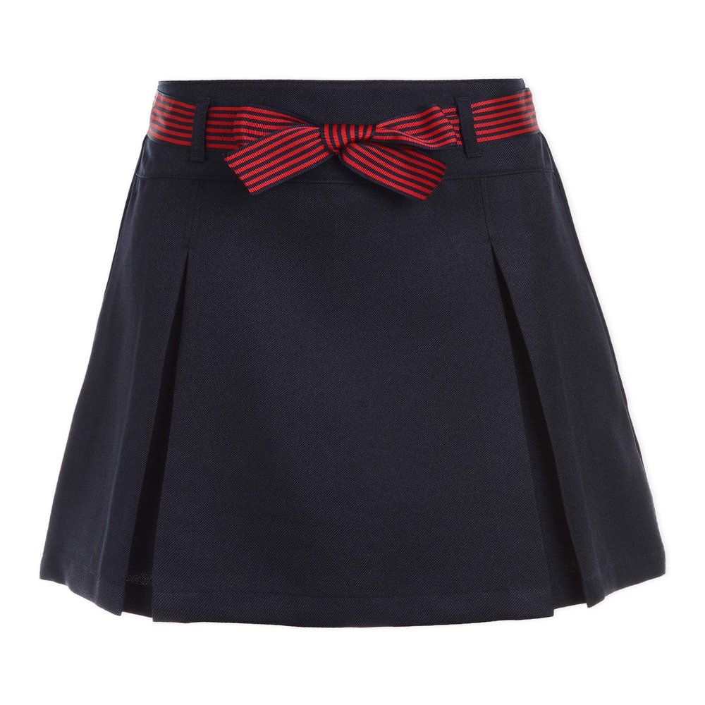 Nautica Girl's School Uniform Pleated Pull-on Scooter Skirt With Undershorts, Knit Waistband, Navy/Striped Belt, 14 Plus