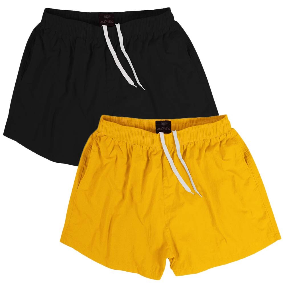 MADHERO Men Swim Trunks Short with Mesh Lining Solid Bathing Suit 3" Pack of 2 Black Yellow Size XL