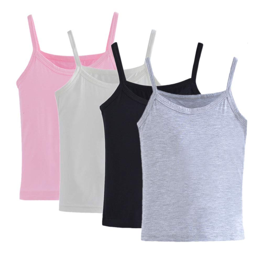 Anktry 2-8 Years Little Girls Solid Colors Soft Camisole Undershirts 4 Pack Kids Comfort Breathable Tank Tops, Pink + White + Black + Grey, 8-10 Years