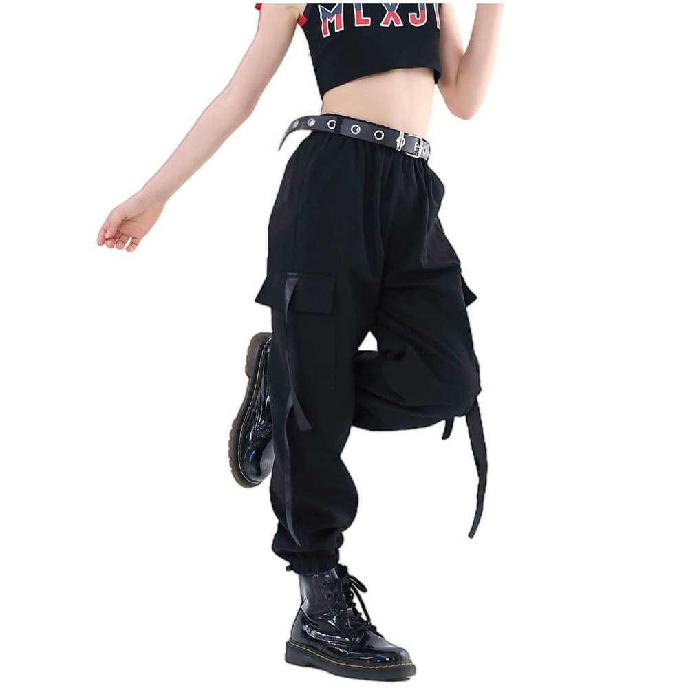 Rolanko Kids Cargo Pants Trousers Jogger with Pockets for Girls Street Hip Hop Dance Clothes (Black, 8-10)