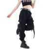 Rolanko Kids Cargo Pants Trousers Jogger with Pockets for Girls Street Hip Hop Dance Clothes (Black, 8-10) view 1