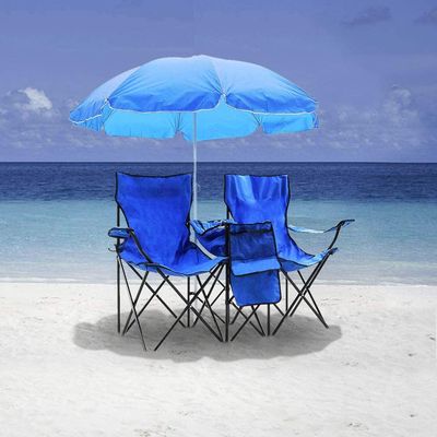 Skiku Portable Folding Double-Chair for Beach, Camping, Picnic w/Removable Umbrella, Cooler Bag and Carry Case