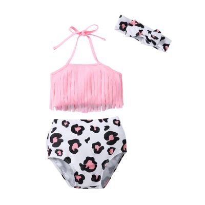 LYSMuch 3-Pieces Baby Girls Bikini Swimsuit Leopard Bathing Suit Toddler Beach Tassels Swimwear (Pink,3-6 Months)