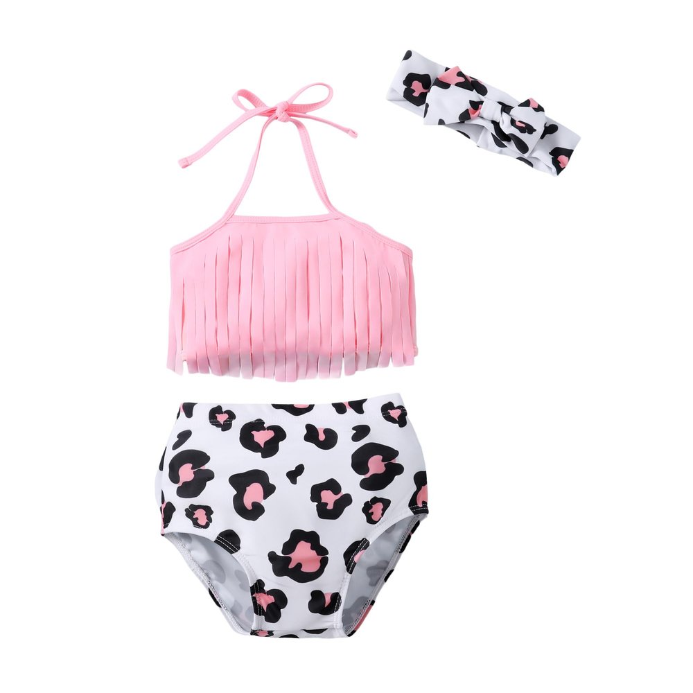 LYSMuch 3-Pieces Baby Girls Bikini Swimsuit Leopard Bathing Suit Toddler Beach Tassels Swimwear (Pink,3-6 Months)