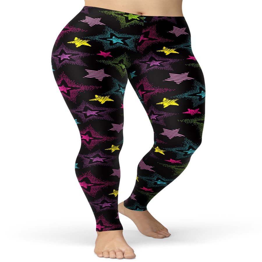 sissycos Women's 80s Leggings Artistic Splash Printed Buttery Soft Stretchy Pants (X-Large, Neon Stars)