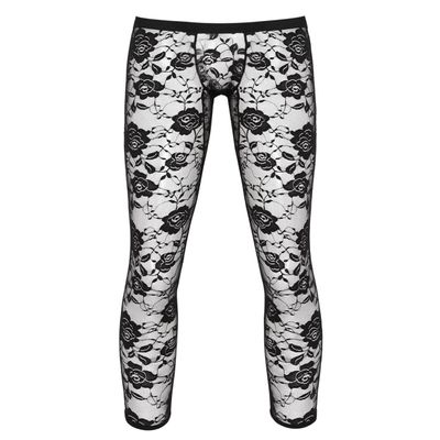 Oyolan Mens Sissy Sheer Floral Lace Low Rise Bulge Pouch Footless Legging Pants Tight Trousers Black Large