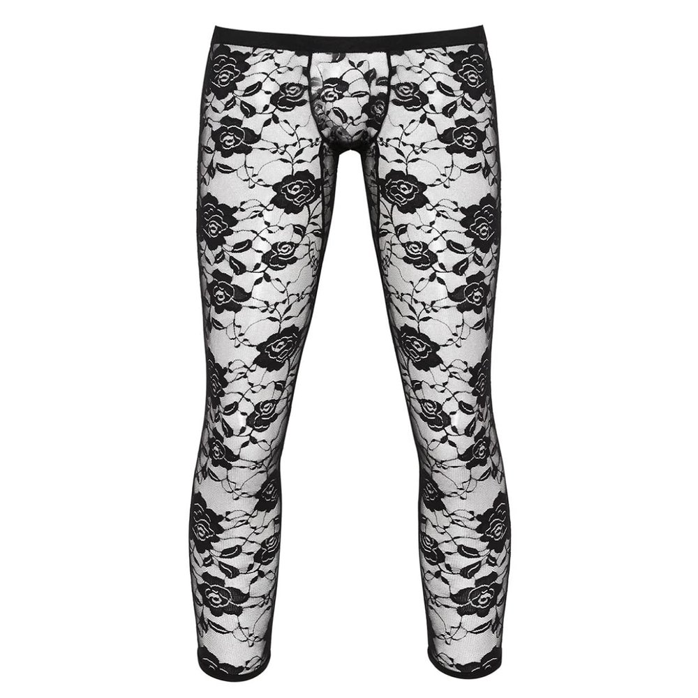 Oyolan Mens Sissy Sheer Floral Lace Low Rise Bulge Pouch Footless Legging Pants Tight Trousers Black Large