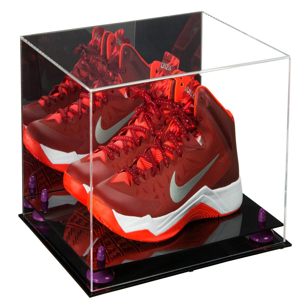 Better Display Cases Versatile Acrylic Display Case - Large Rectangle Box with Mirror, Purple Risers and Black Base 15.25" x 12" x 9" (V13)
