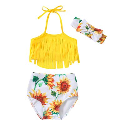 LYSMuch 3-Pieces Baby Girls Bikini Swimsuit Sunflower Bathing Suit Toddler Beach Tassels Swimwear (Yellow, 0-6 Months)