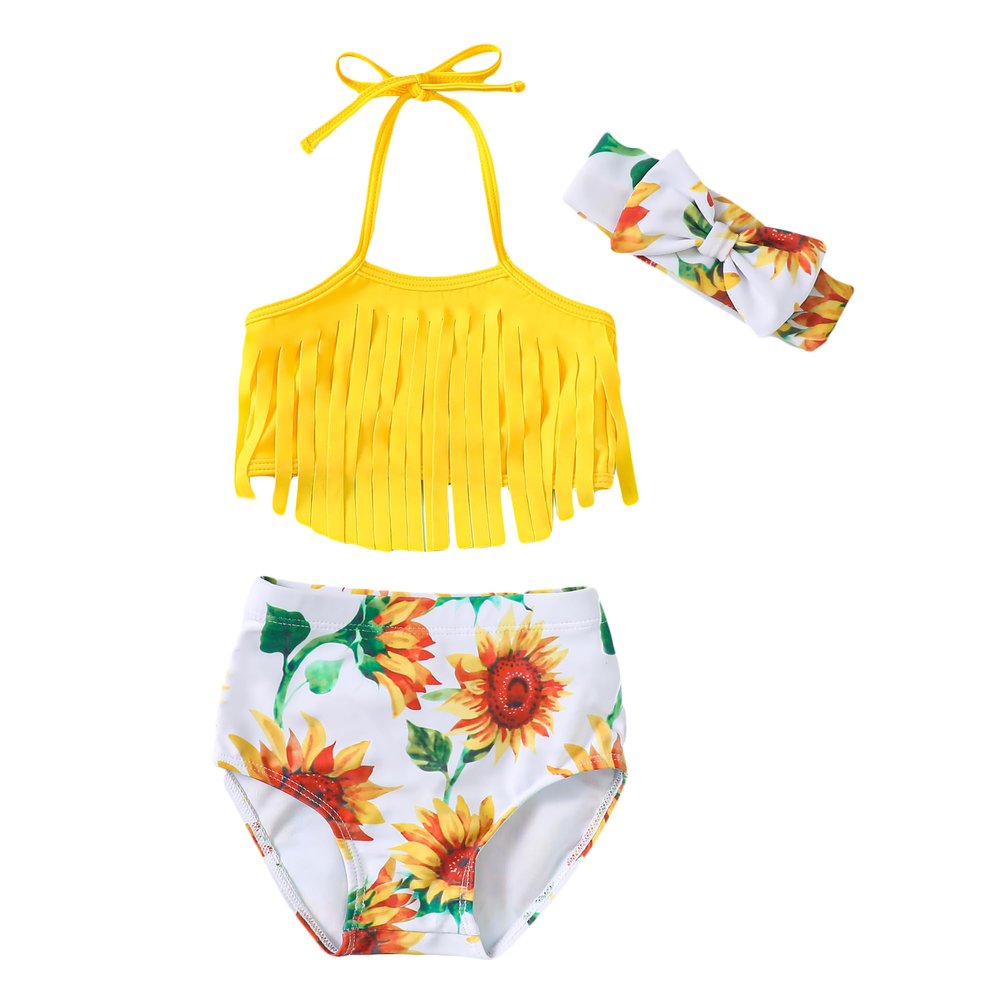 LYSMuch 3-Pieces Baby Girls Bikini Swimsuit Sunflower Bathing Suit Toddler Beach Tassels Swimwear (Yellow, 0-6 Months)