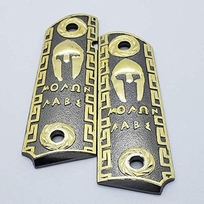 New Spartan 1911 Custom Grips Full Size Ambi Cut Grips Black Gold Metal