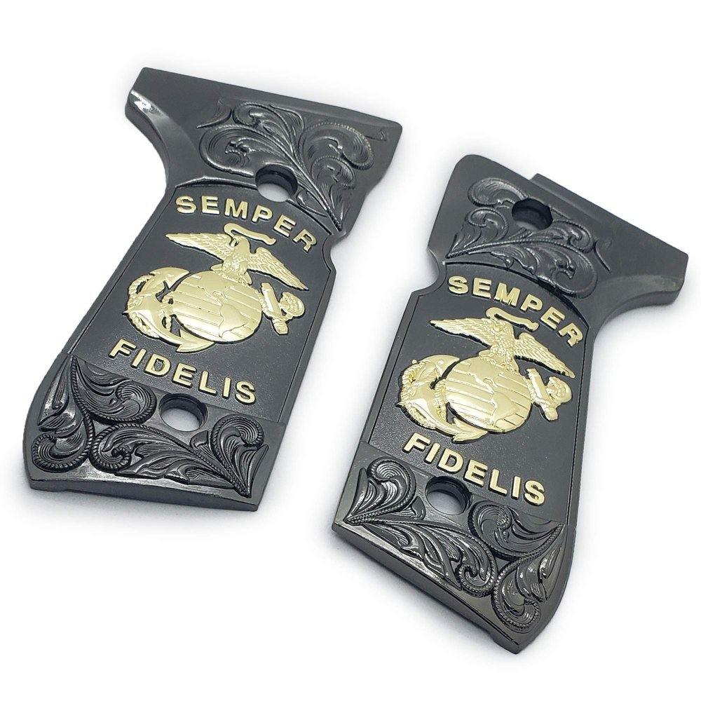 New Spartan 1911 Custom Full Size Grips Ambi Cut Grips Nickel Gold Metal