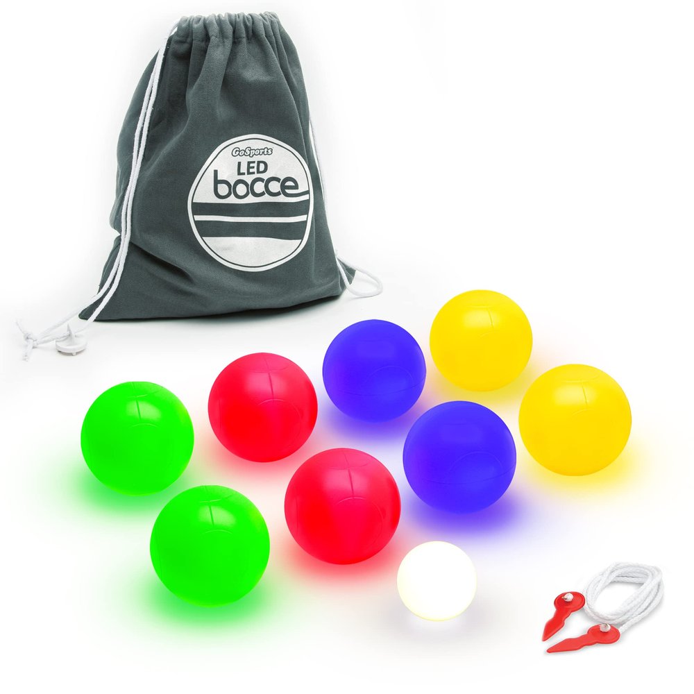 GoSports 85 mm LED Bocce Ball Game Set - Includes 8 Light Up Bocce Balls (8.5oz Each), Pallino, Case and Measuring Rope
