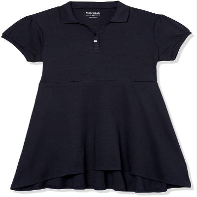 Nautica Girls School Uniform Short Sleeve Polo Dress, Navy/High-Low, Large(6)