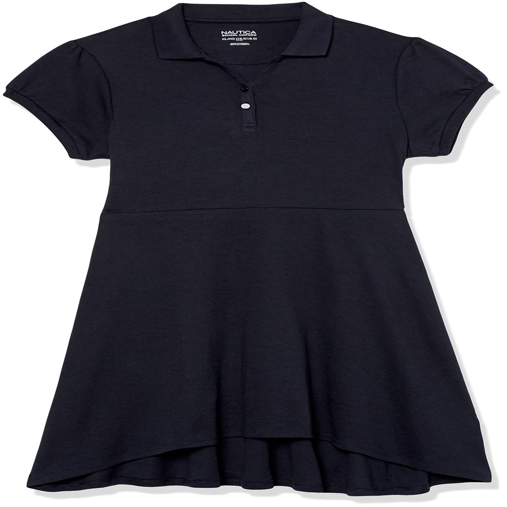 Nautica Girls School Uniform Short Sleeve Polo Dress, Navy/High-Low, Large(6)