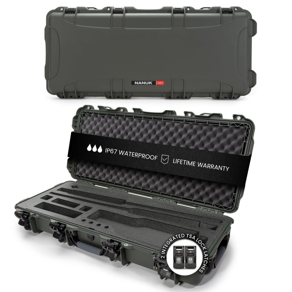NANUK 985 Hard Case 40 with Wheels & Custom Fit Foam Insert, IP67 Waterproof & Crushproof, Rugged Construction for Ultimate Protection, Made in North America Olive (39.7 x 17.3 x 6.6)