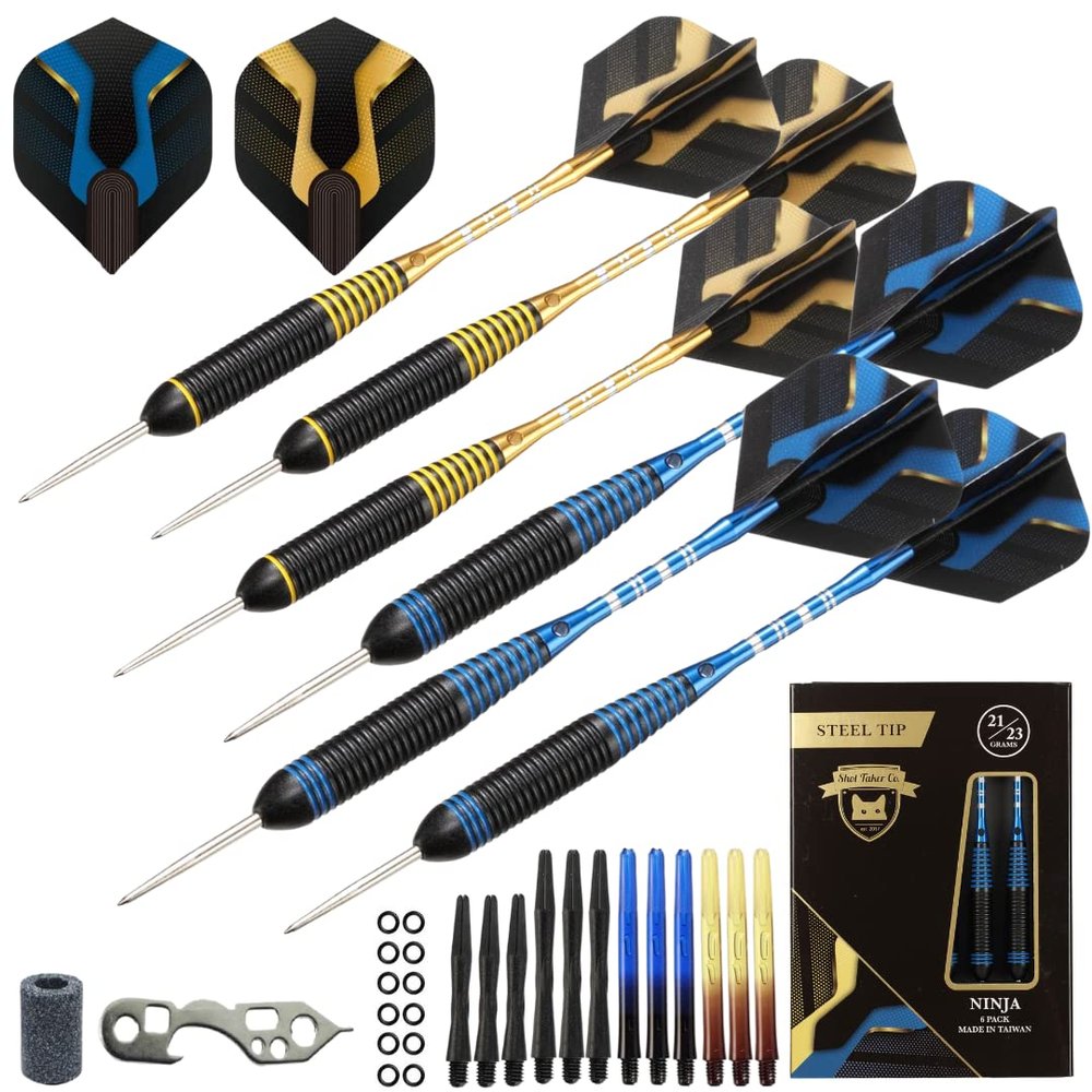 6pc Steel Tip Darts Set - Professional Darts Steel Tip for Dartboard - Includes Barrels + Plastic / Aluminum Shafts + O'Rings + Flights + Sharpener + Wrench (21g Gold/ 23g Blue-10423)