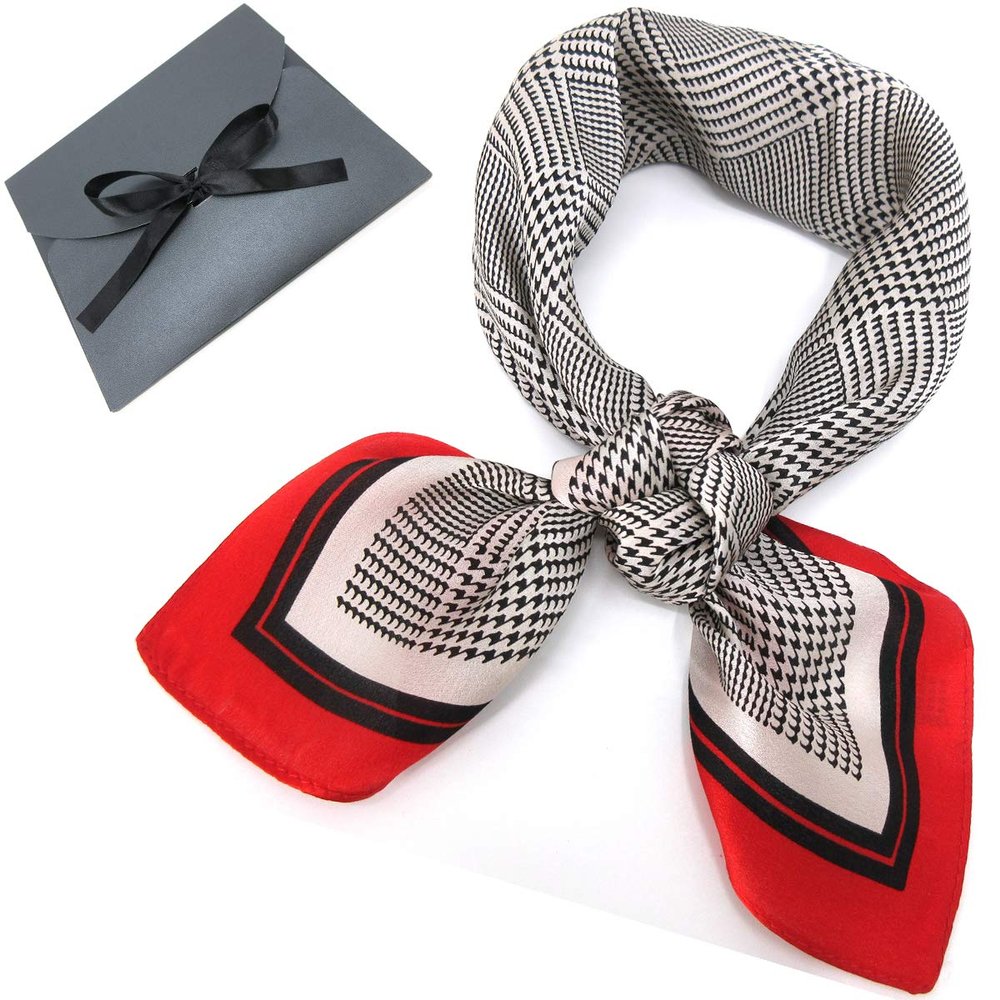 Womens 100% Mulberry Silk Scarf Fashion Breathable Square Headscarf 2121 Inches (Red fine lines)