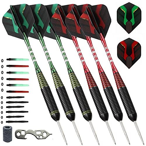 6pc Steel Tip Darts Set - Professional Darts Steel Tip for Dartboard - Includes Barrels + Plastic / Aluminum Shafts + O'Rings + Flights + Sharpener + Wrench (20g Red/ 22g Green -10422)