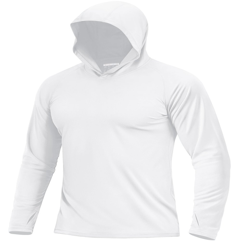 Boladeci Men's UPF 50+ Sun Protection Long Sleeve Swim Shirt Quick Dry Hooded T-Shirt for Fishing Hiking Swimming Surfing (White)