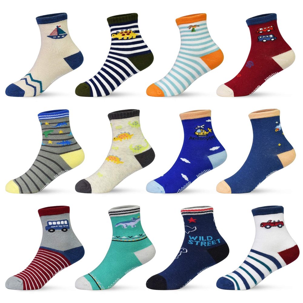 SkiBeaut Toddler Socks, Non Slip Kids Gripper Toddlers Boys Grips Girls Grippy Socks for 12-36 Months 1-3 Years Old,12 Pairs