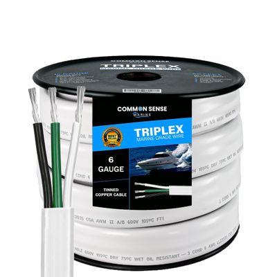 6/3 AWG UL 1426 (The Real Thing) Triplex Flat Marine Wire - Tinned Copper Boat Cable - 30 Feet - White PVC Jacket
