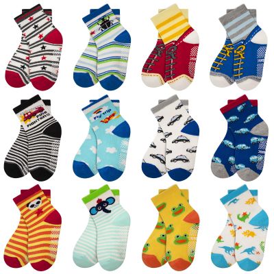 HYCLES Anti Slip Toddler Socks, 12 Pairs Non-Skid Cotton Grip Kid Socks for 1-3T Kids Boy Girl