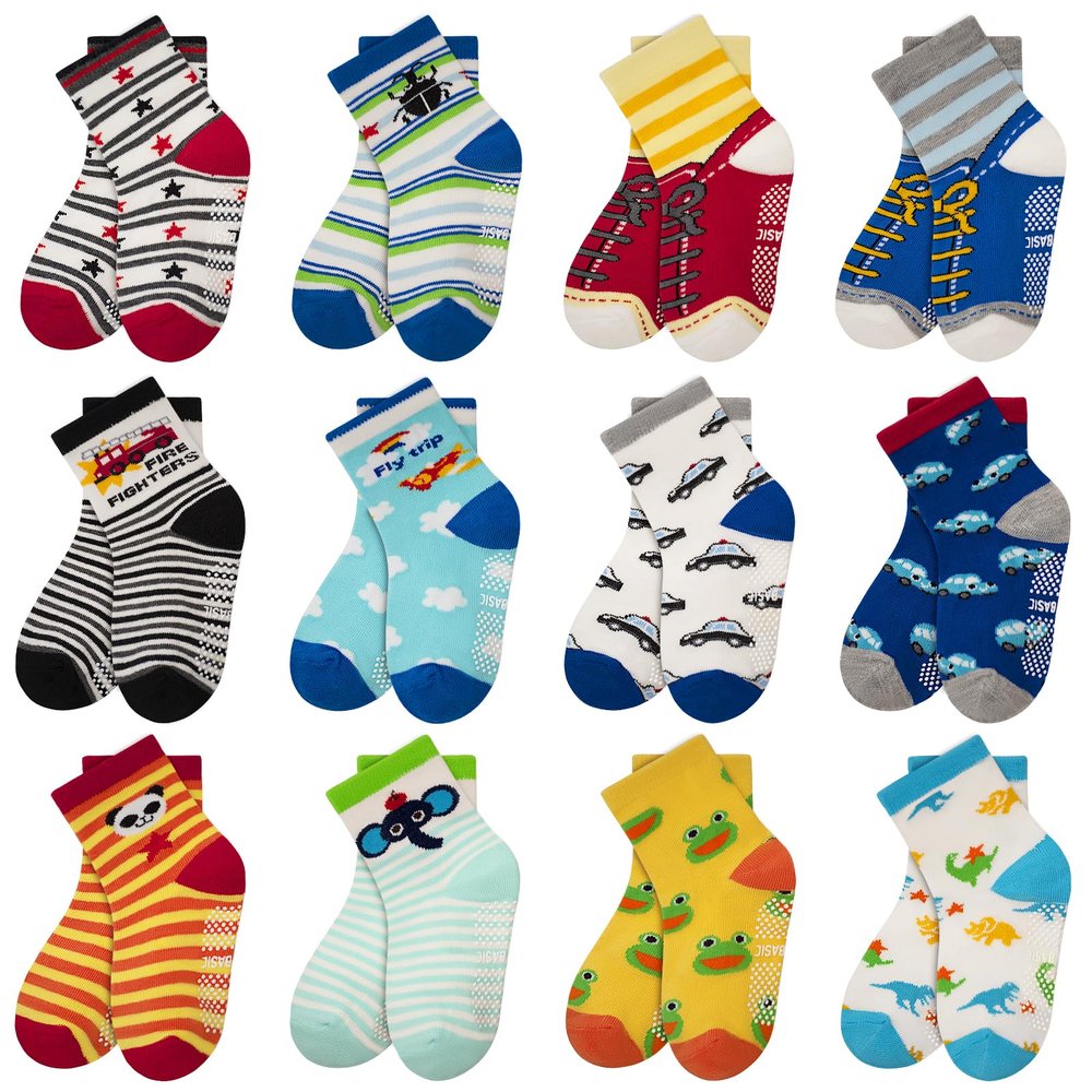 HYCLES Anti Slip Toddler Socks, 12 Pairs Non-Skid Cotton Grip Kid Socks for 1-3T Kids Boy Girl