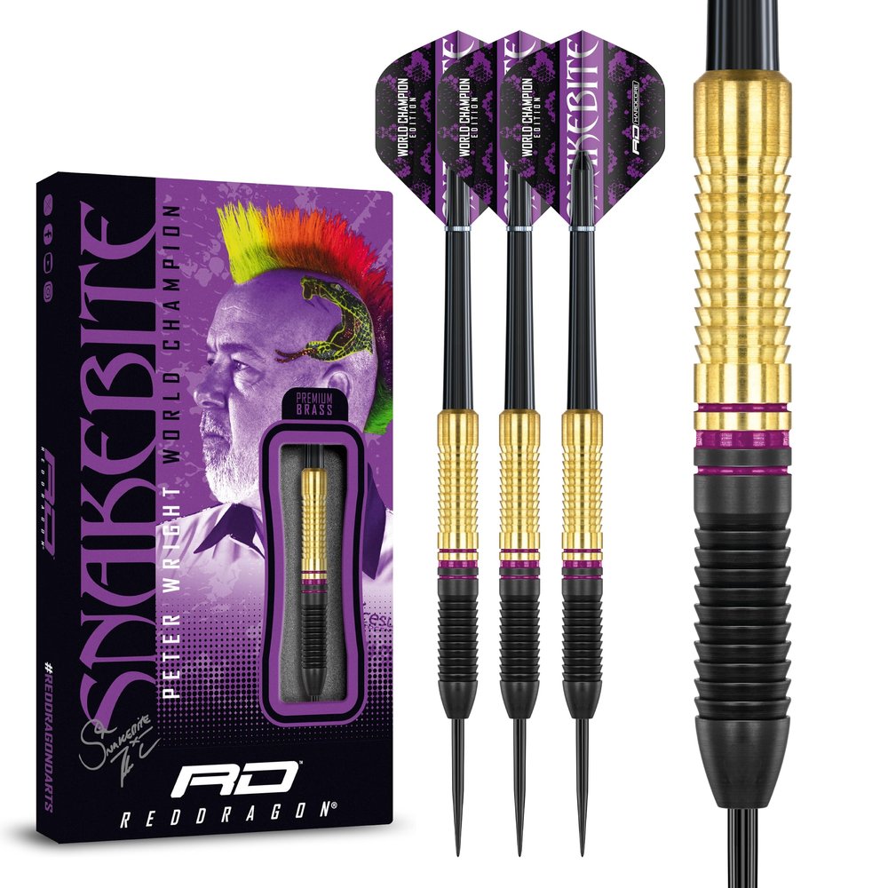 RED DRAGON Peter Wright Snakebite World Champion 2020 Brass Edition Darts Set Including Flights and Stems