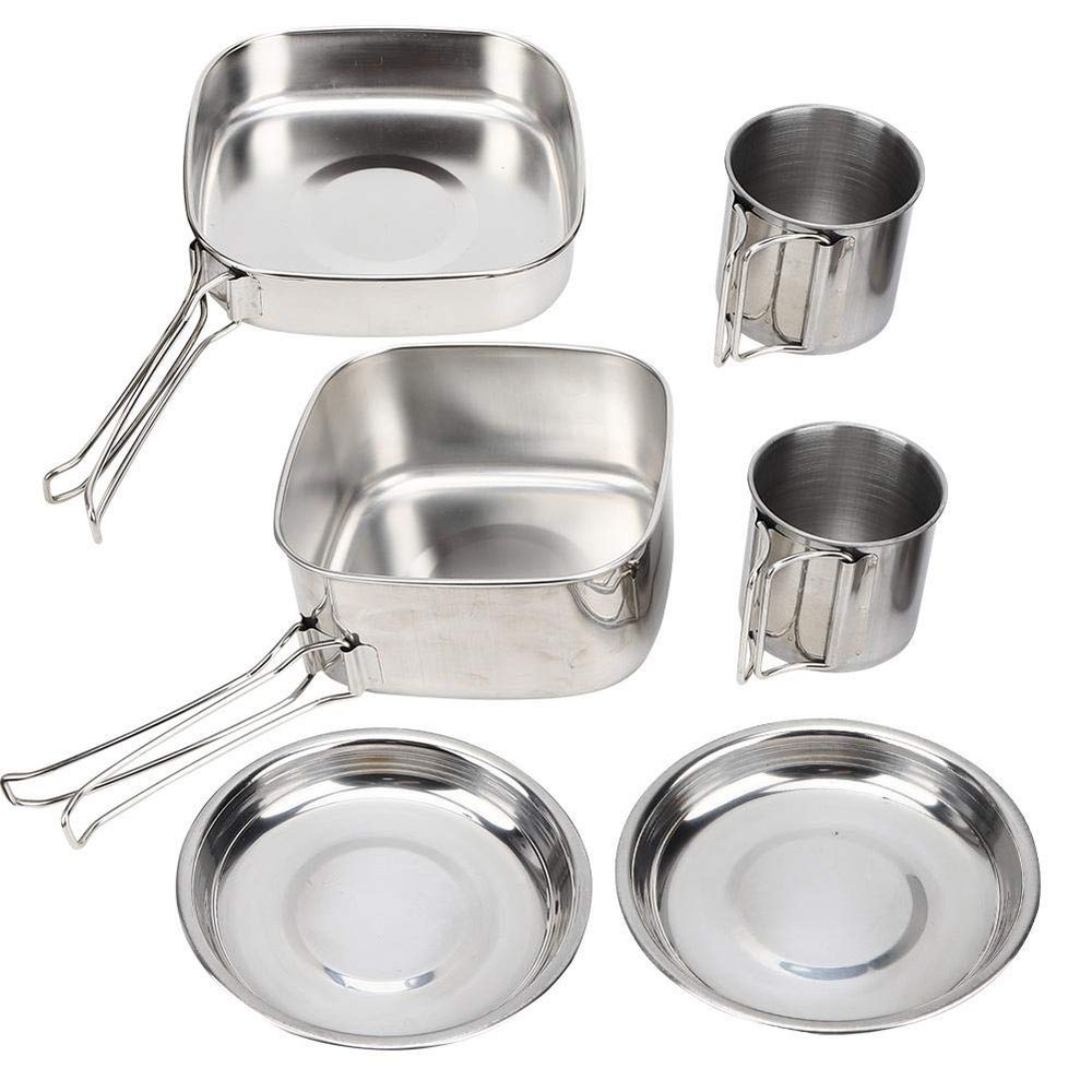Stainless Steel Camping Cookware,6Pcs/Set Outdoor Cam Cookware Utensils Family Cook Set Outdoor Cooking Equipment Portable Frying Pan Cups Pot Tableware for Picnic Cam Backpacking(Silver)