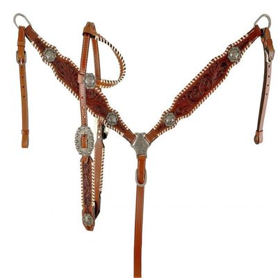 Showman Leather Single Ear Headstall & Breast Collar Set w/Floral Tooling & Reins
