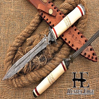 HUNTEX Unique Custom Handmade Hand Forged Twist Pattern Damascus Steel 12 Inch Long Full Tang Camel Bone Handle Razor Sharp Hunting Camping Dagger Knife with Genuine Leather Sheath