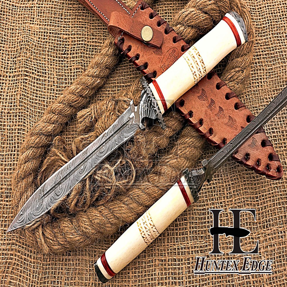 HUNTEX Unique Custom Handmade Hand Forged Twist Pattern Damascus Steel 12 Inch Long Full Tang Camel Bone Handle Razor Sharp Hunting Camping Dagger Knife with Genuine Leather Sheath