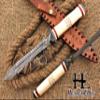 HUNTEX Unique Custom Handmade Hand Forged Twist Pattern Damascus Steel 12 Inch Long Full Tang Camel Bone Handle Razor Sharp Hunting Camping Dagger Knife with Genuine Leather Sheath view 1