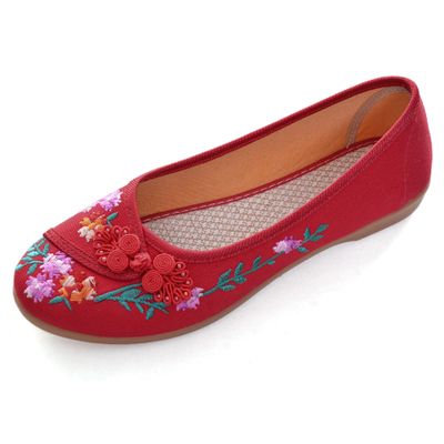 Women's Slip on Flats,Traditional Chinese Style Embroidered Round Toe Ballet Flats ShoesRed 4.5