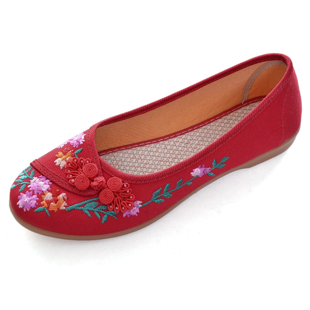 Women's Slip on Flats,Traditional Chinese Style Embroidered Round Toe Ballet Flats ShoesRed 7