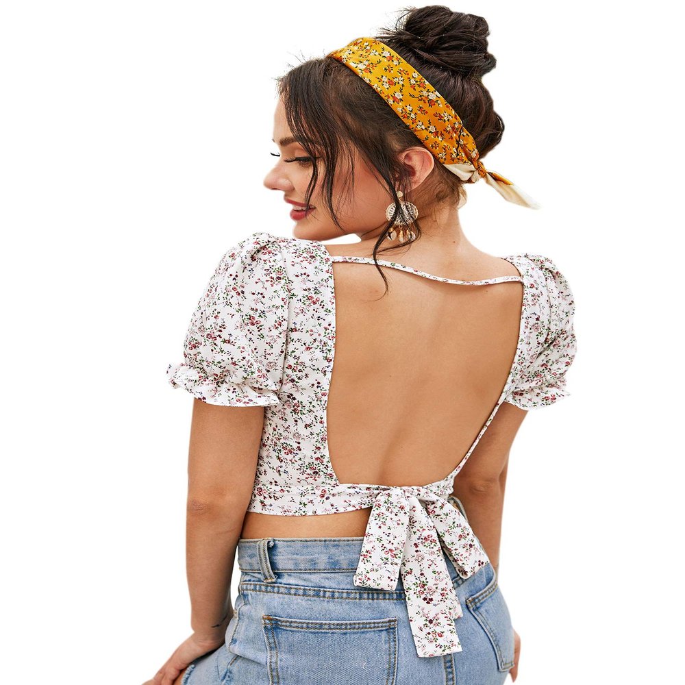 Floerns Women's Floral Print Square Neck Backless Tie Back Crop Top Blouse A Multi XL